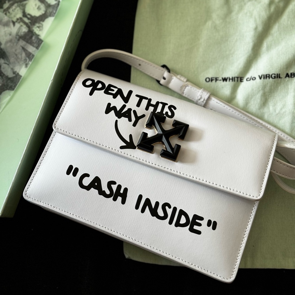 Off -White Jitney  "Cash Inside" Top-Handle Bag, White and black buckle